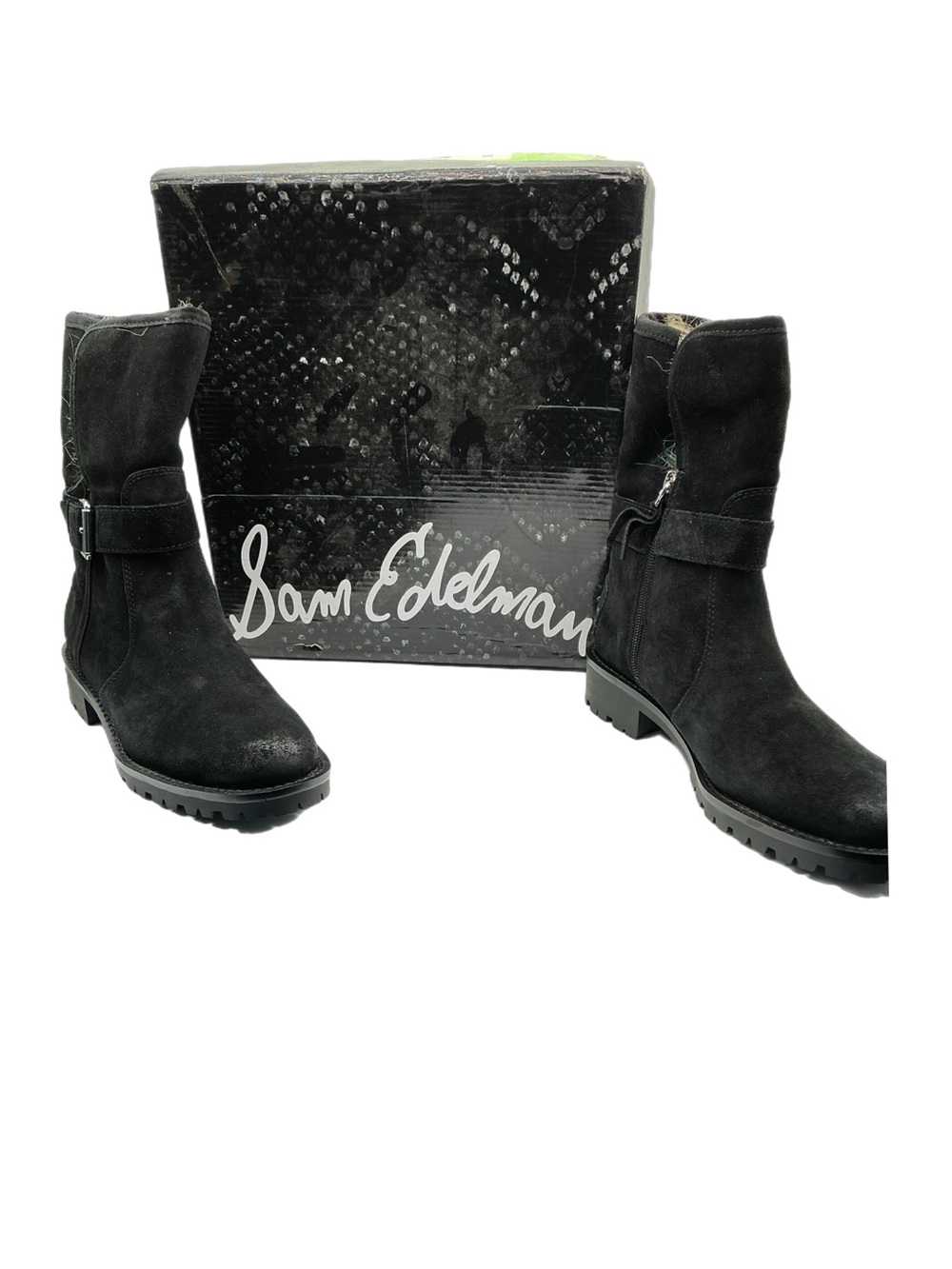 Sam Edelman Jeanie Black Suede Faux Fur Moto Boots Size 8 NIB
